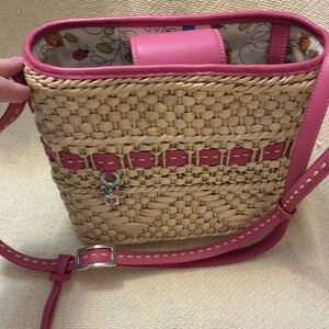 Brighton Pink Leather and Natural Tan Woven Bag with Charms, Adjustable Strap